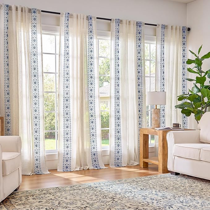 jinchan Floral Linen Curtains Embroidered Back Tab 50x96in 2 Panels Blue | - Image 2