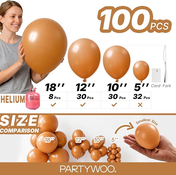 PartyWoo Boho Neutral Light Brown Balloons 100pcs Coffee Color | 18 12 10 5 - Image 6