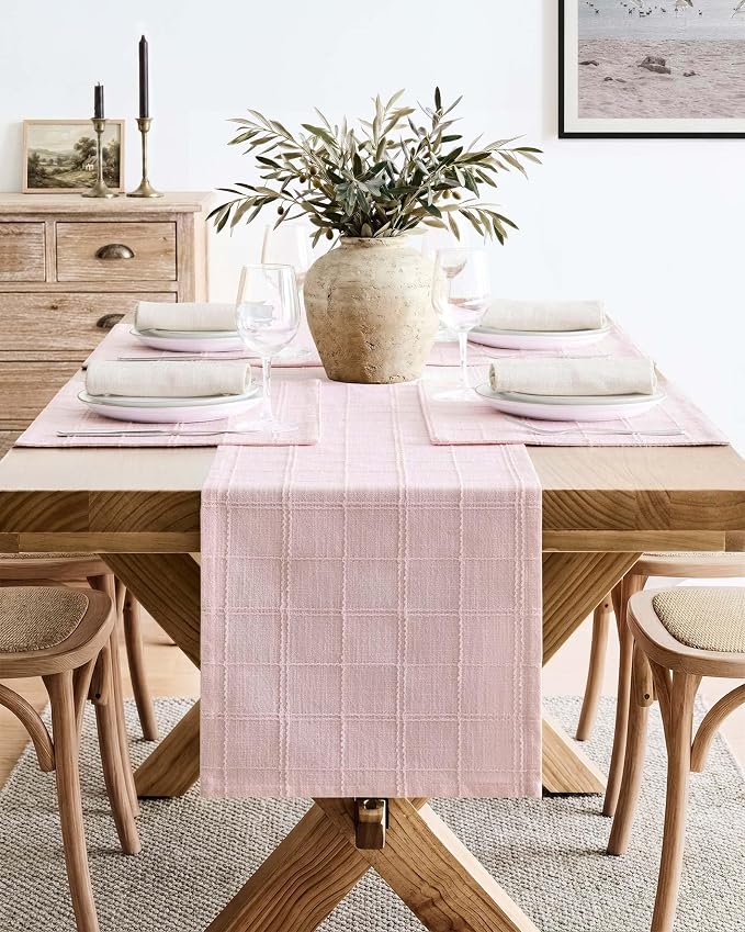 Linen Checked Farmhouse Table Runner, 13x60 Inches Pink | Raised Grid Design - Image 2