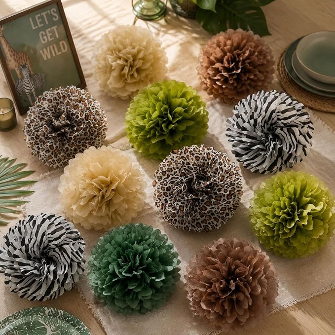 ANSOMO Jungle Safari Tissue Paper Pom Poms Wild Animal Leopard Zebra Print - Image 2