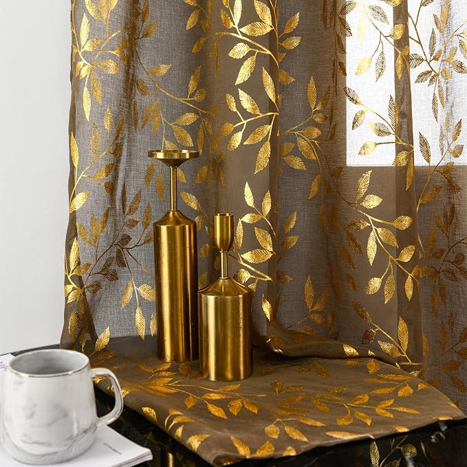 Sutuo Home Sheer Curtains 84 Inch Length 2 Panels Set, Luxury Gold Foil Printed by SutuoHome