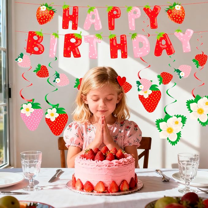 MEETINGU Happy Birthday Banner, Strawberry Theme Party Decoration Supplies - Image 4