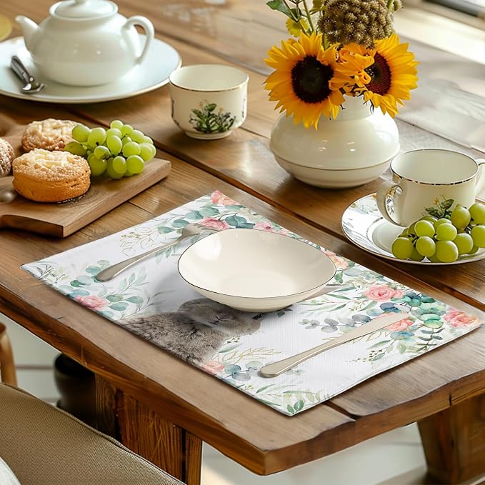 Easter Bunny Placemats Set of 4 Eucalyptus Leaves Rabbit Rose Place Mats 12x18 - Image 6