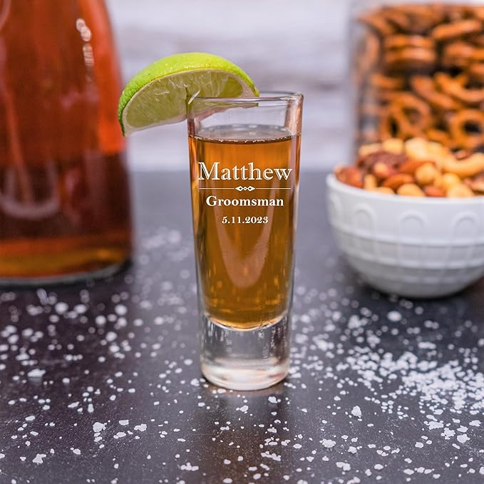Custom Engraved Shot Glass – 2oz Tall Clear Glass – Personalized Gift for Wedding Party – Classic Etched Barware Keepsake for Groomsmen, Bridesmaids, and More (8)
