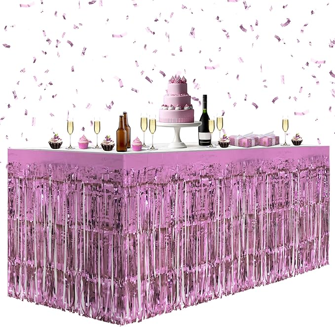8 Pack Pink Table Skirts, 29x108" Metallic Foil Tinsel Fringe Table Skirts for Rectangle Tables Streamer Curtains Backdrop, Party Decorations for Birthdays Weddings Holidays