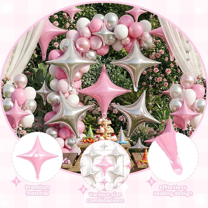 Pink Silver Star Balloons, 26 Inch and 10 Inch Silver Stars Shaped Balloon - Image 3