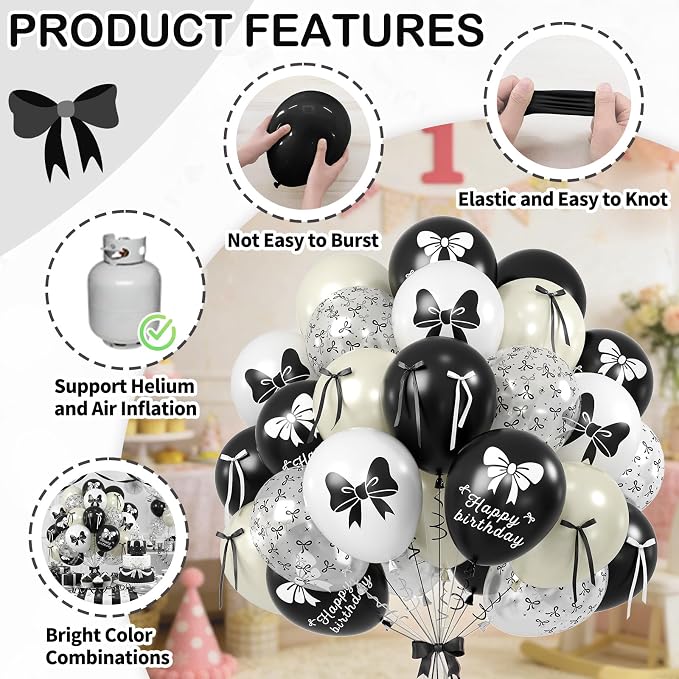 Black Bow Balloons, 12 Inch Black White Bow Printed Balloon - Image 3