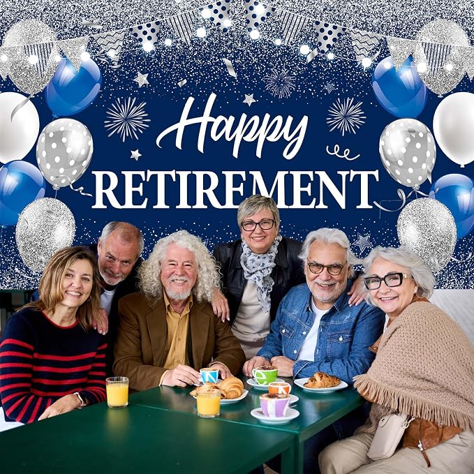 Blue Silver Happy Retirement Banner Large Retirement Party Banner Backdrop - Image 6