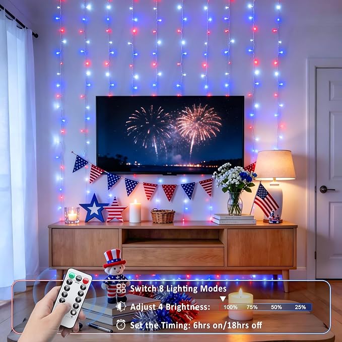 JMEXSUSS 200 LED Red White and Blue Curtain Lights, 6.5ft x 6.5ft | 4th of July - Image 3