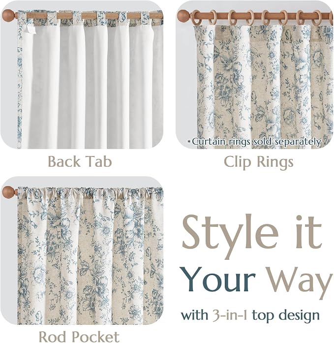 jinchan Blue Floral Linen Curtains Lined 84 Inch Vintage Back Tab 2 Panels | - Image 6