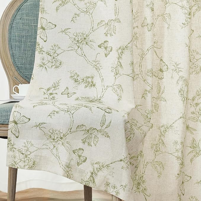 Green Floral Linen Curtains Farmhouse Rod Pocket 50W X 90L 2 Panels | Charlotte - Image 8