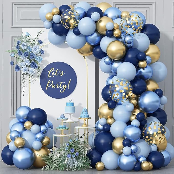Blue Gold Balloons Garland Arch Kit, Macaron Blue Gold Confetti Balloon by Togvu