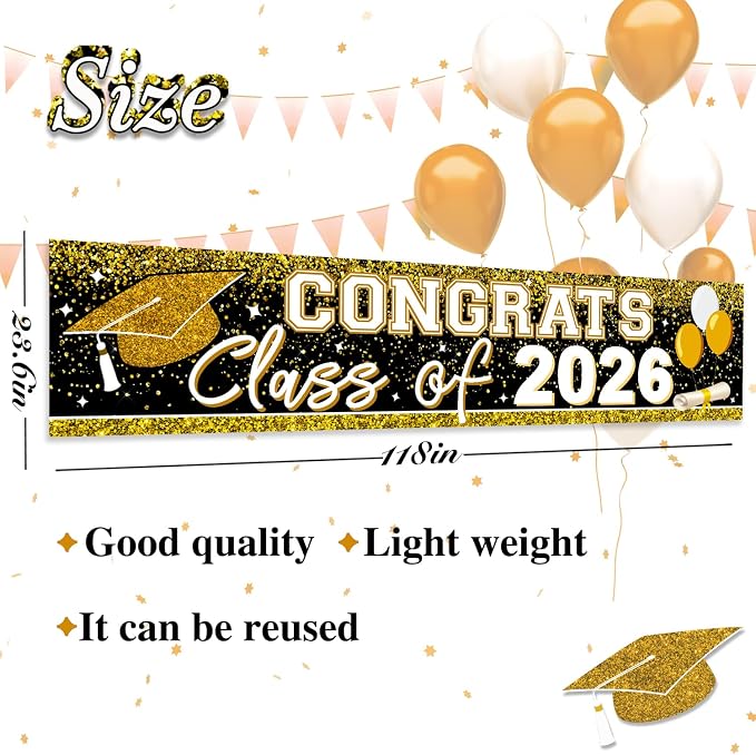 Large Congrats Grad Banner Gold Class of 2026 Banner Backdrop Graduation 2026 - Image 3