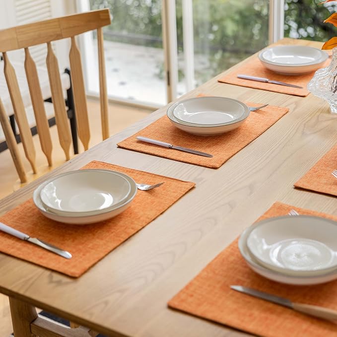 Demetex Orange Placemats Set of 6 Linen Place Mats Modern Washable Table Plate - Image 7