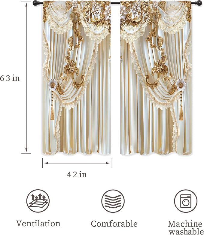 White Gold Golden Vintage Elegant No Living Room Bedroom Window Curtains | 42"W - Image 4