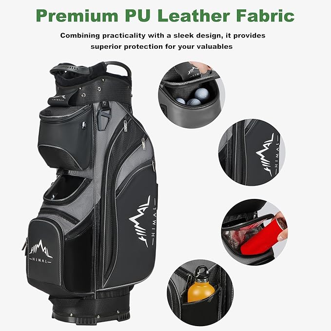 14-Way Golf Cart Bag with Full Length Divider, Premium PU Leather Golf Bag with Plush Top, Magnetic Pocket and Rain Cover for Men