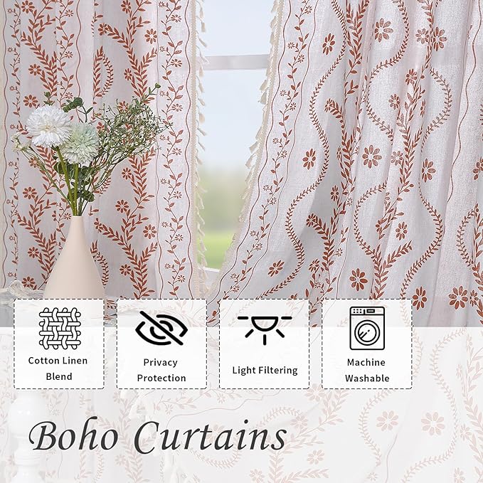 Schweek Boho Floral 63 Inches Long Semi Sheer Curtains 2 Panels - Image 4