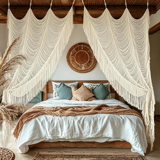 2 Panels Macrame Curtains 59"W*75"L Boho Doorway Window Curtains Handwoven | by FLBER