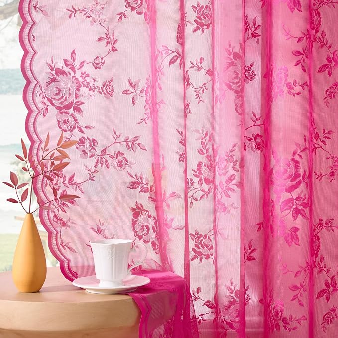 Raspberry Lace Curtains 84 Inches Long 2 Panels Vintage Floral Sheer Curtains by SEEKRIGHTHomeDecor