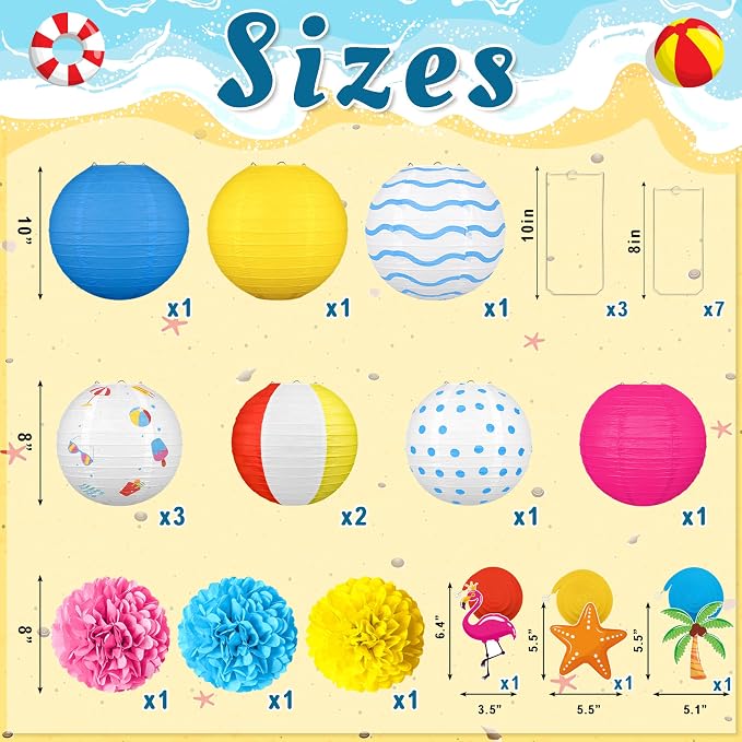 16Pcs Summer Party Decorations Paper Lanterns Pom Poms Hanging Swirls - Image 3