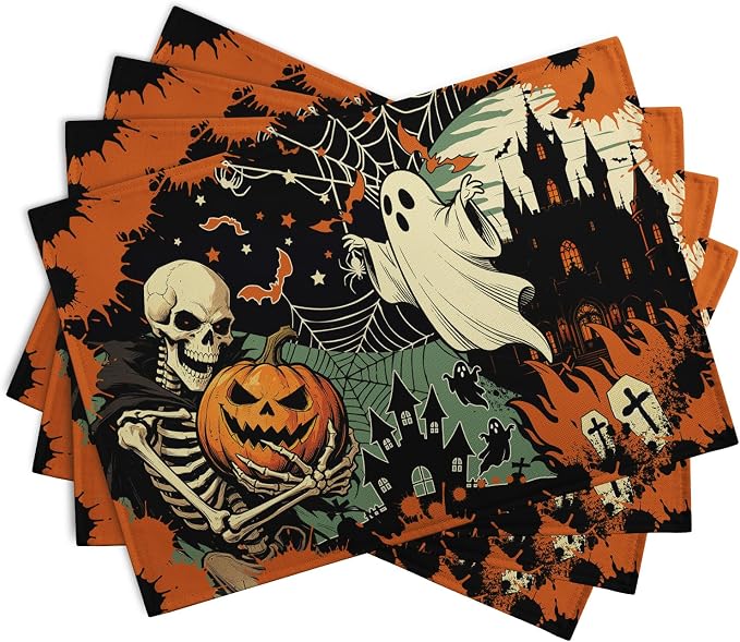 Halloween Skeleton Ghost Placemats Set of 4 12x18 Inch Spooky Pumpkin Bat Table - Image 2