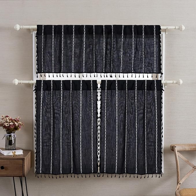 RoomTalks Black Boho Kitchen Curtains 36 Inch Length French Striped Modern - Image 2