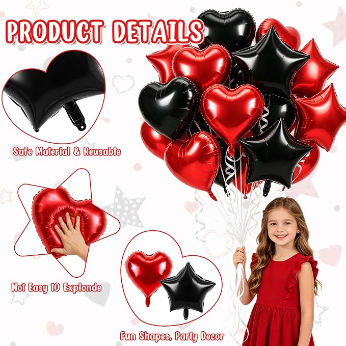 TONIFUL 18 Inch Black Red Star and Heart Foil Balloons - Image 4