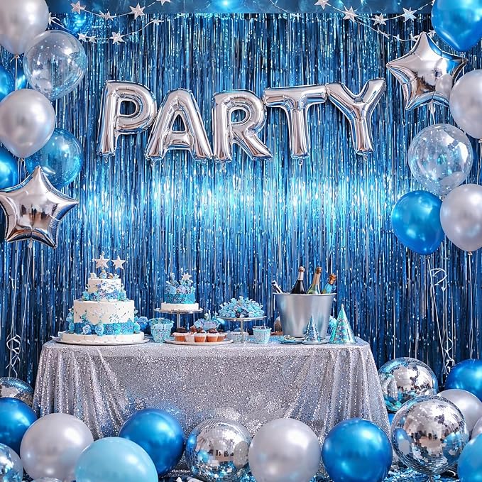 Voircoloria Retro Blue Foil Fringe Backdrop Curtains, Birthday Party Decorations - Image 5