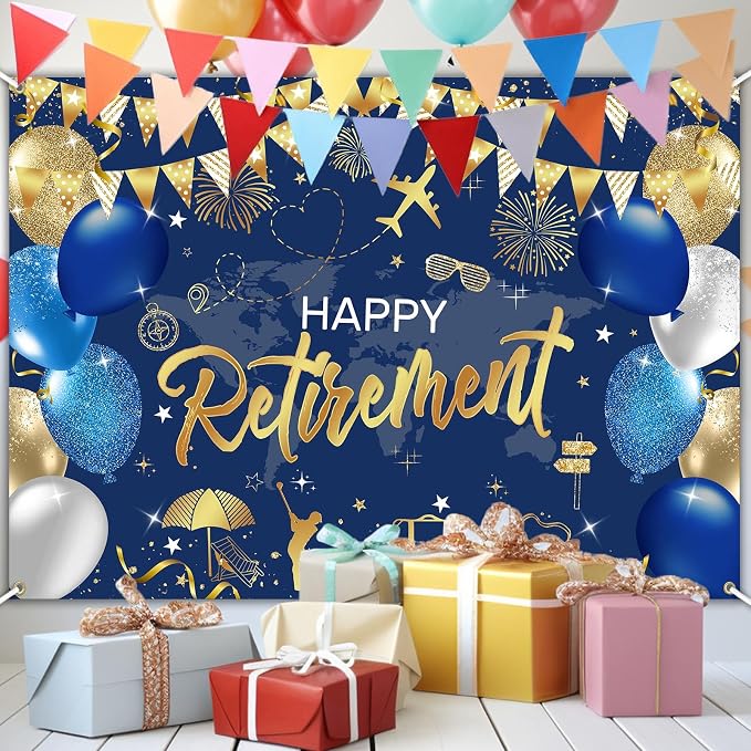 Mocsicka Retirement Party Decorations Blue and Gold Happy Retirement Backdrop - Image 3
