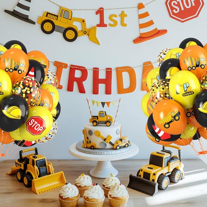 Construction Balloons, 12 Inch Black Yellow Orange Confetti Truck Construction - Image 7