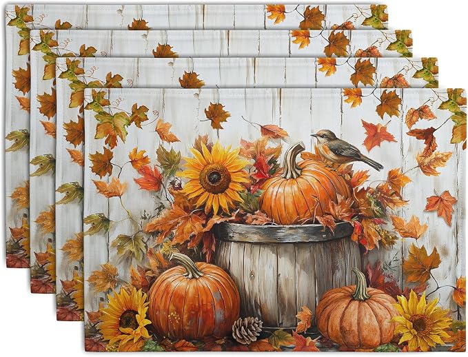 Fall Placemats 12x18 Inch Set of 4 Pumpkin Maple Leaves Sunflower Bird Linen by Wnoesat