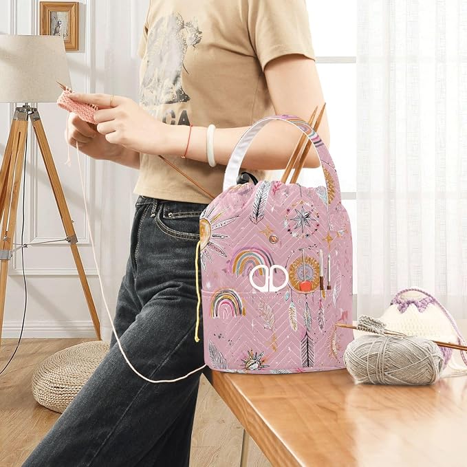 Pink Boho Rainbows Suns Feathers Arrows Yarn Bag Small Crochet Bag Drawstring - Image 6