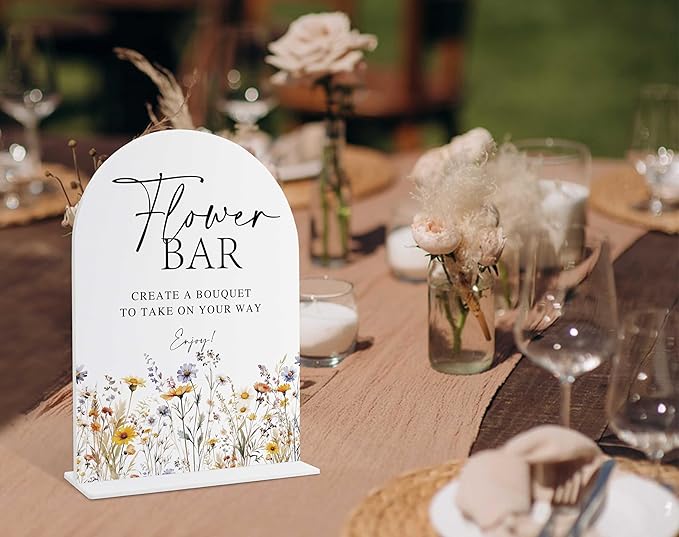 Wedding Signs for Ceremony and Reception, Boho Floral Acrylic Flower Bar Sign, Wedding Signage with Stand, Bridal Shower Table Centerpieces, Flower Bar Supplies for Engagement Reception Events, 22