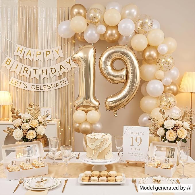 White Gold Number 19 Balloon 40 Inch, Champagne Foil Final Teen Decoration | - Image 3