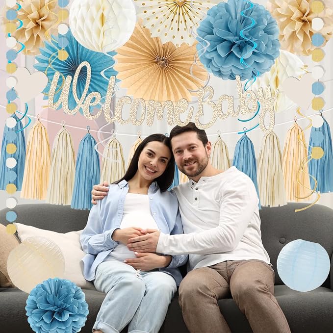 Light-Dusty Blue Boho Baby Shower Party-Decorations Beige Champagne Boy Neutral - Image 6