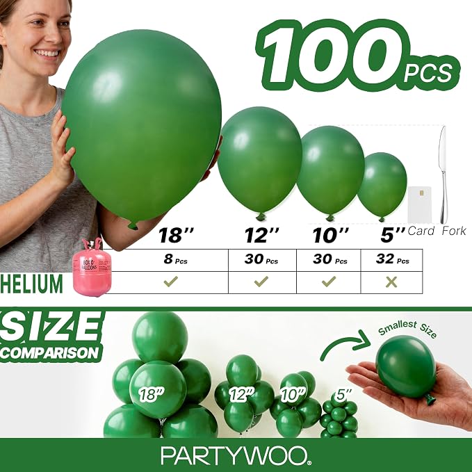 PartyWoo Dark Green Balloons 100pcs Emerald Hunter Forest Green Color | - Image 6