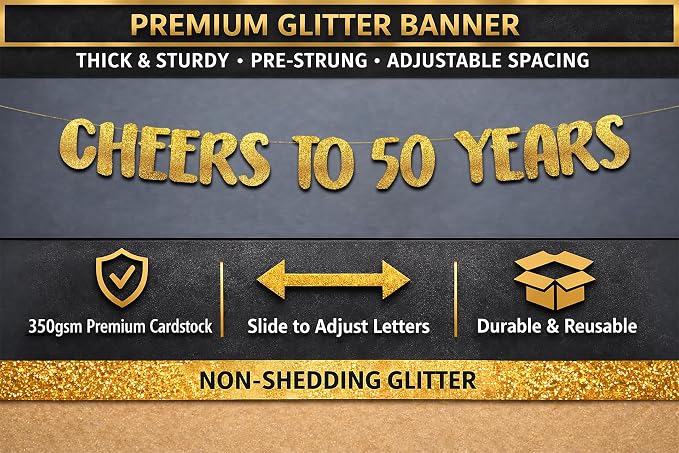 Pre-Strung Cheers to 50 Years Gold Glitter Banner - Image 4