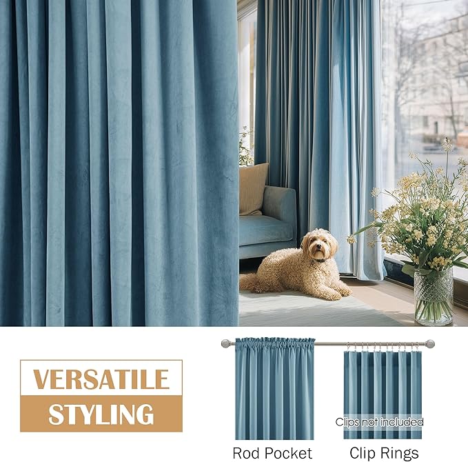 Beauoop Lake Blue Velvet Curtains - Image 2