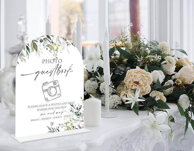 Greenery Photo Guestbook Sign, 6 x 8 Inch White Arch Acrylic Wedding Sign with Holder, Wedding Sign for Ceremony and Reception, Wedding Decoration, Wedding Supplies - LY06