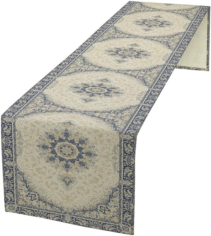 Boho Bohemia Style Table Runner, Vintage Blue Gold Retro Flower Rustic Country Style Floral Print Pattern for Home Kitchen Table Decor Dining Coffee Room Garden Party Decor 13x108in