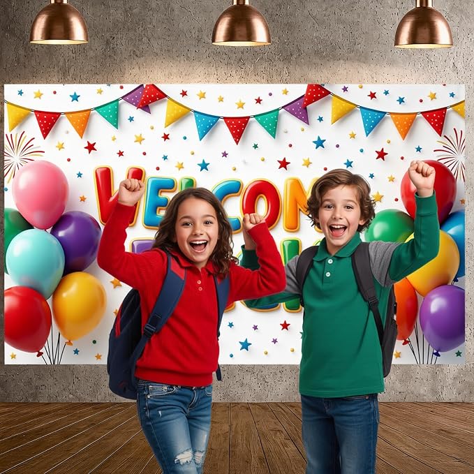 Welcome Back Banner Decorations Colorful Balloons Stars Welcome Home Background - Image 2