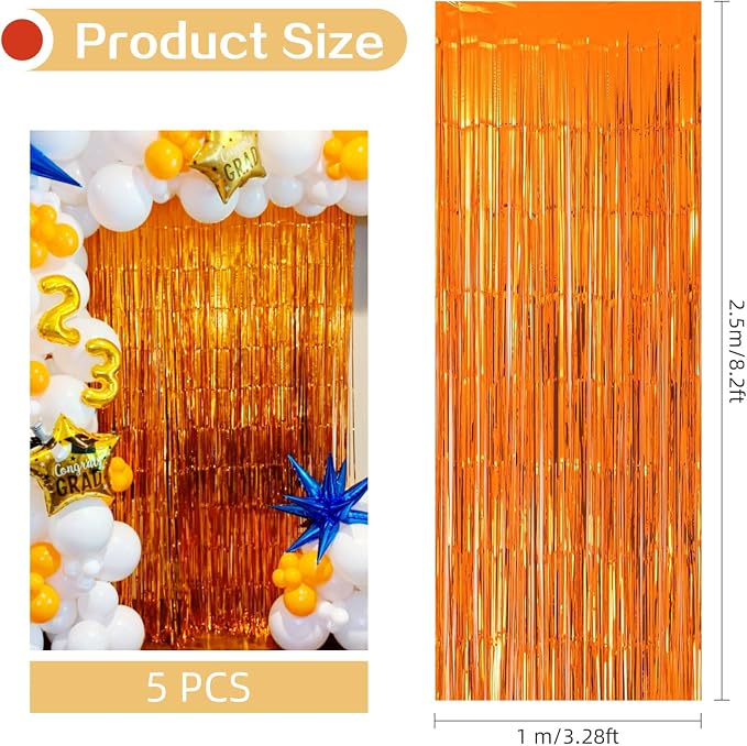 5 Pack Orange Fringe Backdrop 3.2ft x 8.2ft Foil Curtain Tinsel Foil Fringe - Image 3