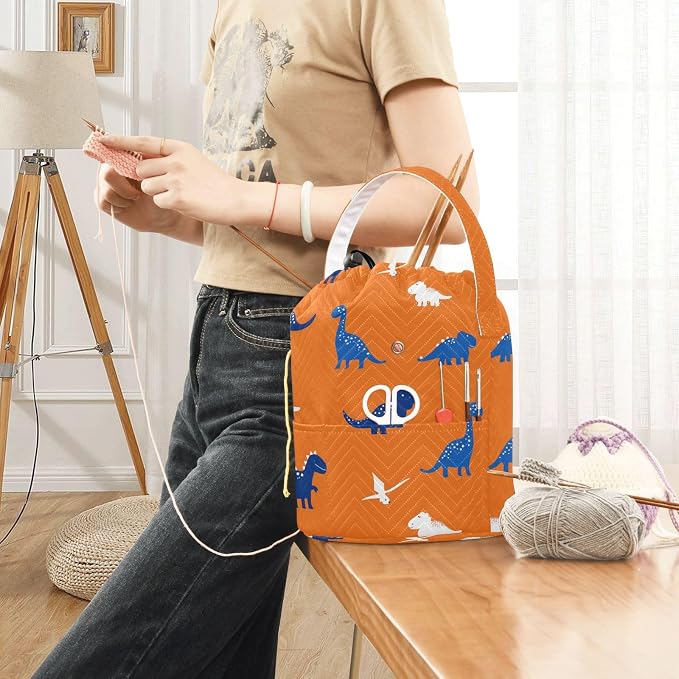 Orange Cartoon Dinosaurs Yarn Bag Small Crochet Bag Drawstring Yarn Storage - Image 6