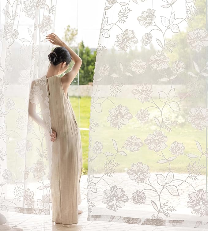 White Lace Sheer Curtains 63inch Rose Knitted Net Curtains by Treatmentex