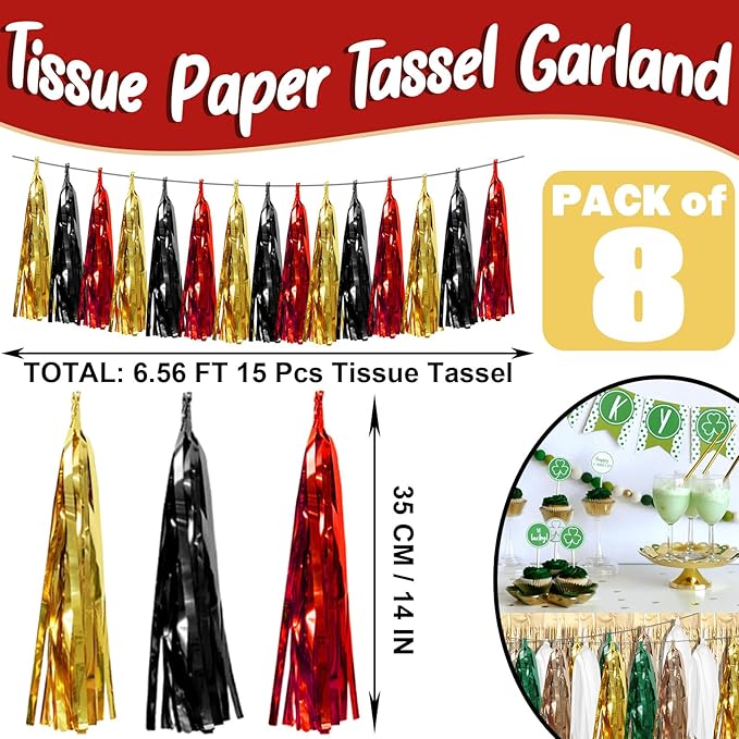 8P Black-Red Gold Foil Fringe Metallic Tassel Garland, Tassels Banner Streamers for Parade Floats, Bachelorette, Wedding, Birthday, Halloween, Christmas, Bridal/Baby Shower Party Decorations