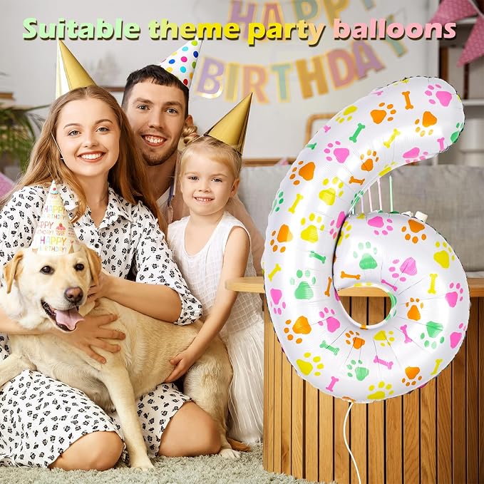 40 Inch Multi-color Dog Paw Balloons, Numeral 6 Birthday Balloons - Image 3