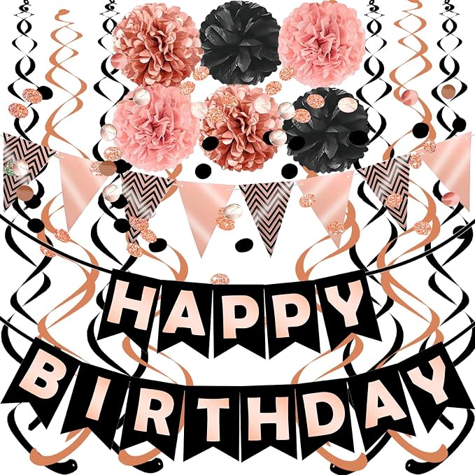 FECEDY Rose Gold Black Theme Happy Birthday Banner Flag Bunting Paper Circle by FECEDY