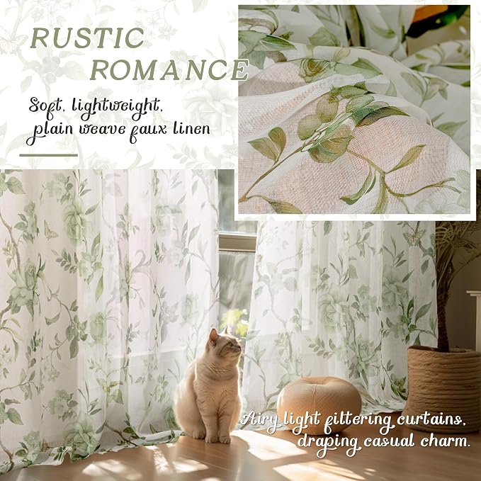 Sage Green Curtains for Living Room Sheer, Spring Leaf Vines Patterned - Image 4