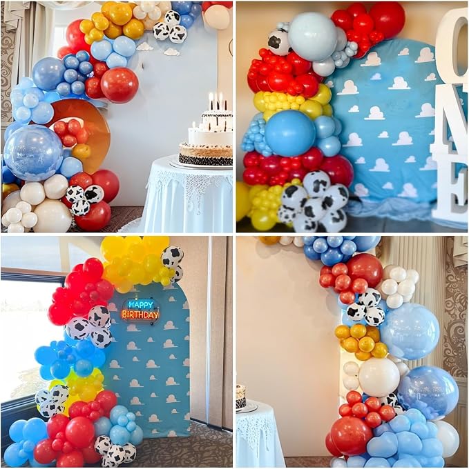 Red Blue Yellow Balloons 12inch Cow Print Sky Blue White Cloud Balloon - Image 5