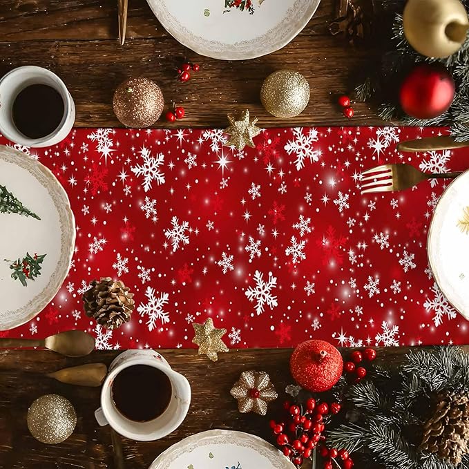 Christmas Snowflakes Cotton Linen Table Runner for Dining Kitchen, Red Xmas Winter Snow Wedding Outdoor Party Tablerunners Decoration, New Year Dresser Scarf Coffee Tablecloth Runners 13x36 Inches